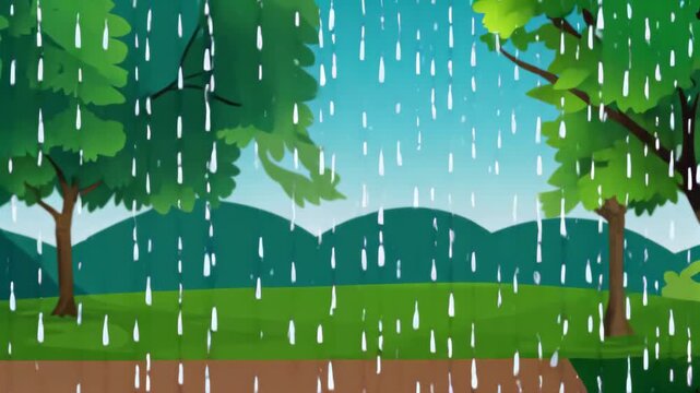 Cartoon style forest scene in the rain
