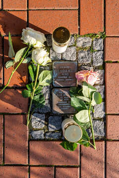 Norderney, Germany - November 11, 2025: Stolperstein (cobblestone-sized memorial for an individual victim of Nazism)