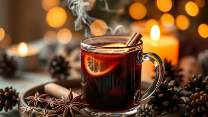 Cozy cup of hot drink with spices, featuring a warm atmosphere with candles and pine cones, ideal for winter or holiday settings.  New Year and Christmas drink