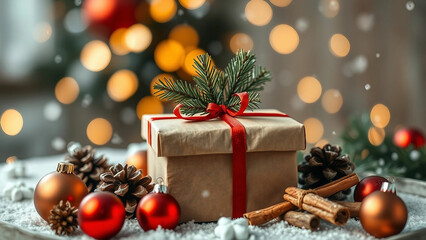 Christmas gift wrapped with a ribbon, surrounded by ornaments, pine cones, and cinnamon sticks, set against a blurred festive background with lights.