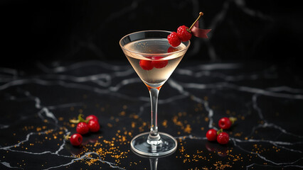 A stylish cocktail martini with cherries on a black marble surface, ideal for bar, party, or celebration themes.  New Year and Christmas cocktail