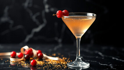 Elegant cocktail garnished with cherries, served in a stylish glass on a dark marble surface, ideal for party and celebration themes. New Year and Christmas cocktail