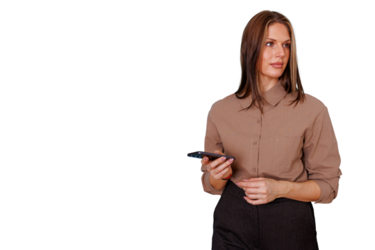 Confident businesswoman holding mobile phone looking away, managing work, communicating, social networking with transparent background