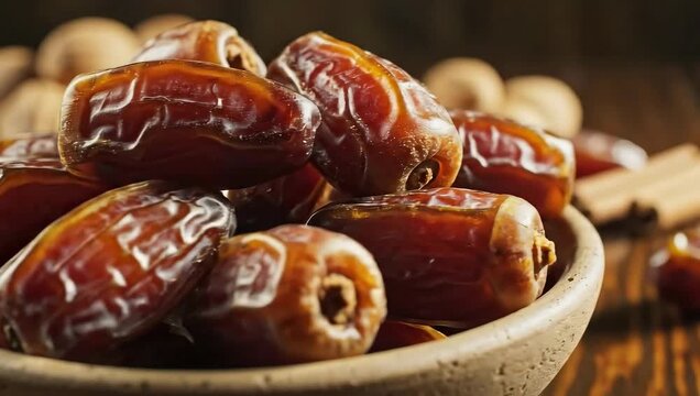 Close Up of Ripe Medjool Dates in a Rustic Bowl on a Wooden Surface with Nuts in Soft Focus Background