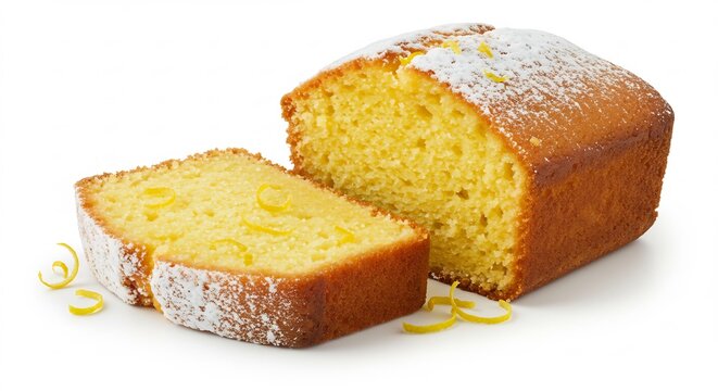 明るい光が優しく当たる白い背景のしっとりレモンパウンドケーキ 甘酸っぱい香りが漂い粉砂糖と鮮やかゼストで美しく飾られた食欲そそる焼き菓子. AI Generated