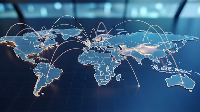 Global Network Communication on World Map Illustrating International Connections and Trade Routes Between Continents Highlighting Logistics and Intercontinental Business