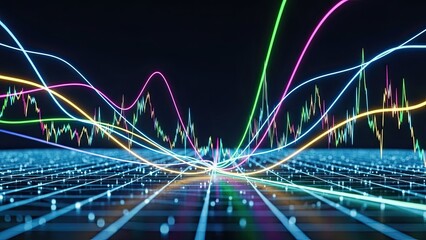 Dynamic financial data streams with vibrant neon glow, showing market trends and investment opportunities for modern tech and business applications