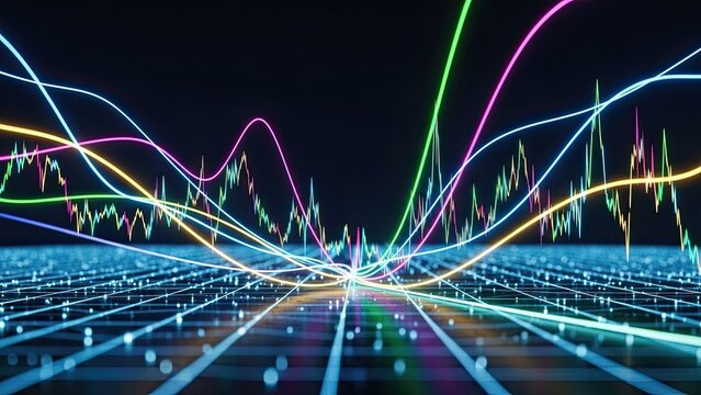 Dynamic financial data streams with vibrant neon glow, showing market trends and investment opportunities for modern tech and business applications - Powered by Adobe