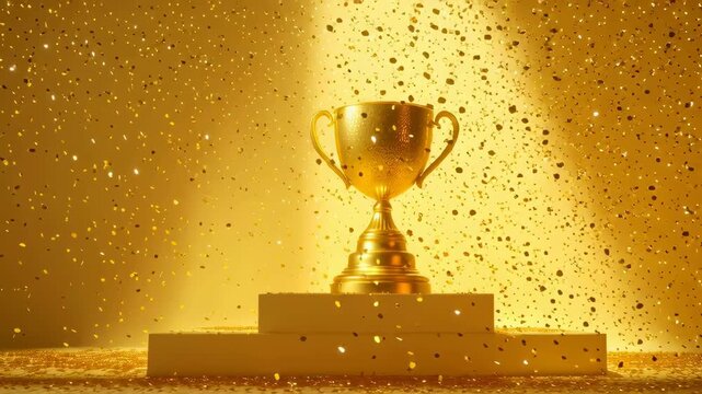 Gold luxury trophy shining with sweep angle in spotlight.Victory and goal success concepts