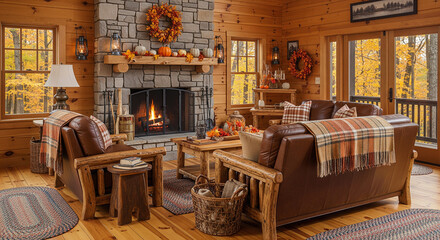 Cozy cabin living room glows with warm autumn decor and inviting fireplace  zoom background