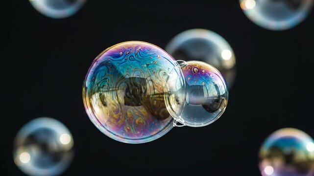 Colorful Soap Bubbles Floating Against A Dark Background With Reflective Iridescent Surfaces And Soft Lighting