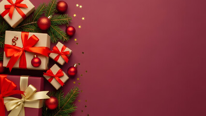 Festive Christmas background with gift boxes and decorations on a red banner