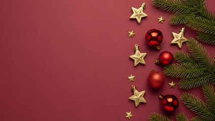 Festive holiday adornments on rich red, ideal for seasonal greetings and winter celebrations
