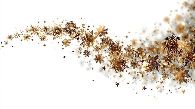 Flowing Golden Holiday Border with Metallic Snowflakes and Stars, Arc-shaped Decorative Band, Dreamy Light Spots for E-cards, Social Media, and Celebration Backgrounds.