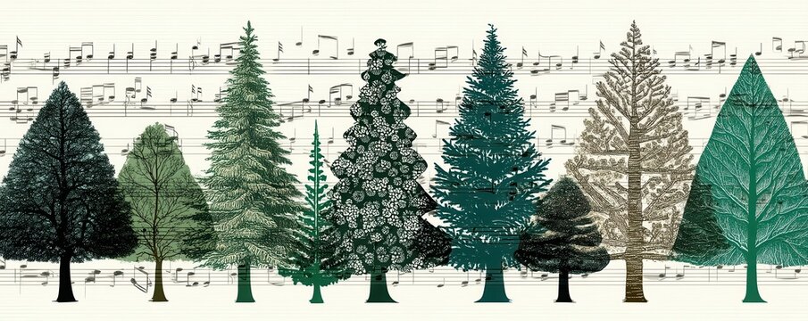 Three Christmas tree stickers with unique designs, featuring music notes and textured greenery - Powered by Adobe