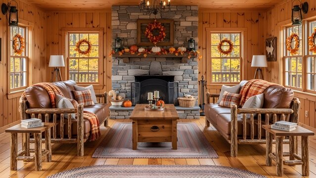 Cozy autumn living room with fireplace and rustic log furniture is inviting zoom background