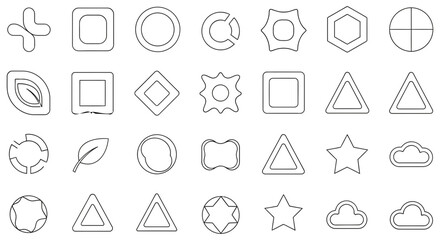 Collection of varied outlined geometric shapes arranged on a dark background creating a pattern for design and educational purposes