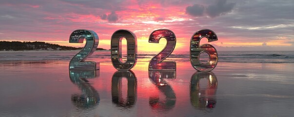 2026 glass numbers float on calm water at sunset, creating a futuristic year celebration scene