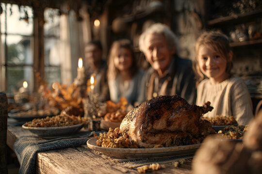 Family celebrating thanksgiving enjoying roasted turkey dinner at home