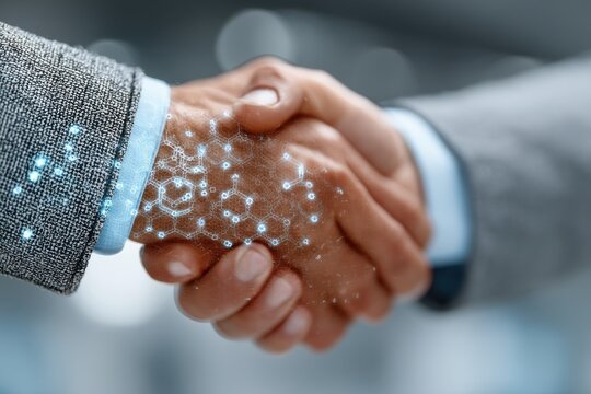 Two business professionals shake hands amid digital and cyber security visuals, symbolizing strong partnership