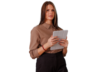 Confident businesswoman using digital tablet, managing tasks and new technology, having transparent background