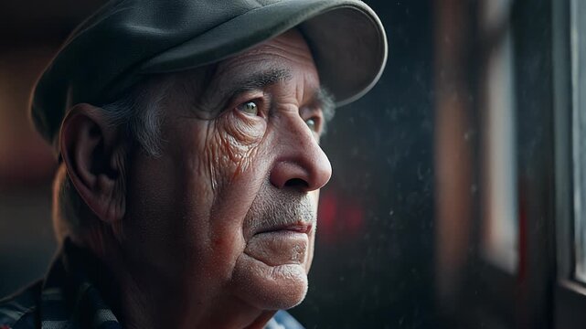 Close up portrait of lonely elderly man with cap looking out window, sad senior pensioner waiting and thinking, depression and solitude concept.