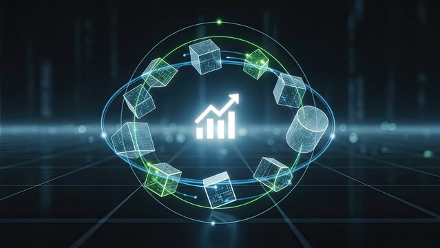 Modern data analytics showing growth, future technology trends, innovative solutions and digital transformation for business success with geometric shapes