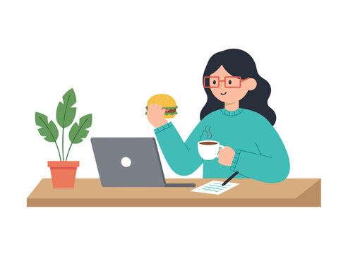 A female office worker eats a sandwich at her desk while working on her laptop, with a hungry manager nearby, all depicted in a flat vector illustration on a white background