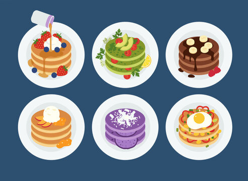 A colorful vector illustration of a variety of fried pancakes&mdash;blini, crepes, syrniki, and oladyi&mdash;arranged on plates with assorted toppings against a dark background, showcasing delicious cooked