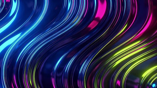 Vibrant neon waves flowing across a dark abstract background, viewed from a tilted perspective, illustrating a dynamic, futuristic scene
