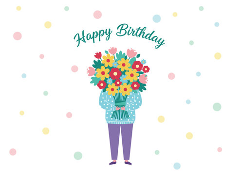 A cheerful birthday card featuring a guest holding a bouquet of flowers, rendered as a vector cartoon postcard
