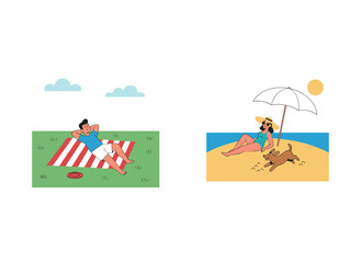 A flat vector illustration depicts a man and a woman relaxing outdoors on a summer weekend, lying on a blanket on the grass and enjoying peaceful leisure time in nature