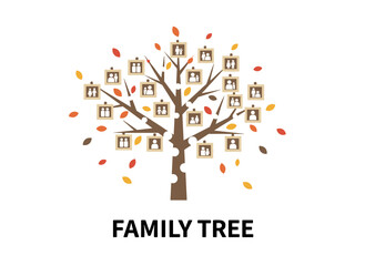A template for a family tree, pedigree, or ancestry chart featuring branches, leaves, and blank photo frames set against a white background, depicting multiple generations of relatives and ancestors