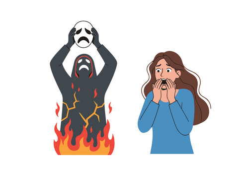 The illustration shows a real face expressing hatred, depicting a mad, crazy, evil abuser who reveals a cruel, violent, hateful person behind a false mask, unmasking them in a flat vector graphic set