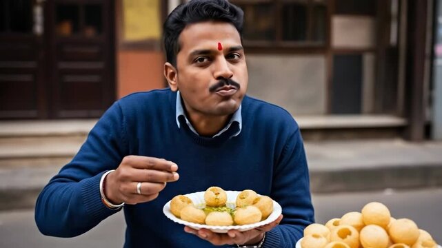Man enjoying street food delicacy: relishing pani puri with intense focus and joyful expression