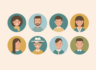A collection of avatar images featuring diverse men and women headshots, cheerful users in circular frames, various round face profiles of multiracial individuals, all presented as flat vector