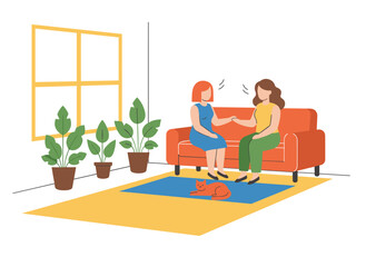 Fototapeta premium Illustration of female friends chatting on a sofa in a cozy modern living room, depicting a relaxed, happy group of young women in a flat vector style