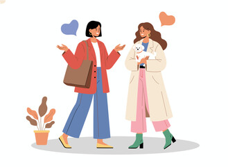 Fototapeta premium Young, smiling women walk and chat outdoors with a playful little dog, illustrated as a flat vector cartoon on a white background