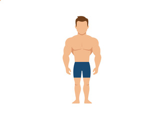 Fototapeta premium Thin, athletic young man in trunks, revealing a bare torso, posed in a standing portrait; a flat vector illustration set against a white background