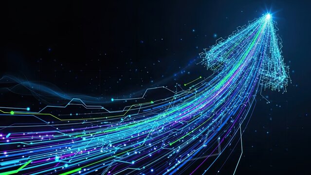 Visually stunning digital arrow soaring upwards with vibrant lines symbolizing growth and innovation in technology businesses striving for success