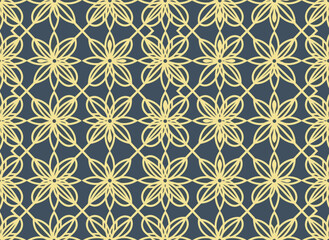 A seamless abstract pattern featuring geometric shapes of varying sizes outlined in gold against a black background, designed for wrapping paper or textile prints