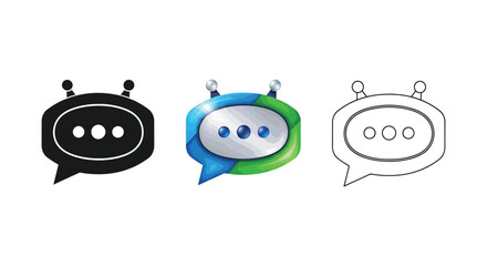 Set of three chatbot or messaging icons in black silhouette, glossy color, and outline style