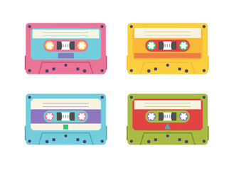 Obraz premium A set of retro cassettes featuring tape records from the 80s and 90s, old audio music cassettes of the eighties and nineties, compact audiocassettes rendered in a doodle style, presented as a flat