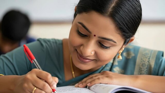 Joyful student writing with enthusiasm and focus in classroom setting