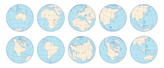 Vector set of Earth globes with grid lines. World map icons showing different continents and angles. Flat line art planet illustrations for global geography, travel, and international business