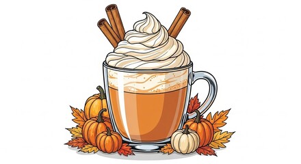 Pumpkin spice latte with whipped cream and cinnamon sticks surrounded by pumpkins and autumn leaves on a white background