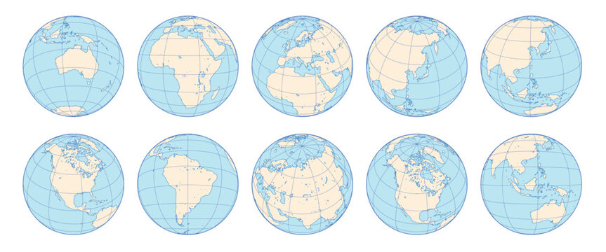 Vector set of Earth globes with grid lines. World map icons showing different continents and angles. Flat line art planet illustrations for global geography, travel, and international business