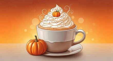 Delicious pumpkin spice latte with whipped cream and a mini pumpkin on a saucer against an orange background is perfect for autumn