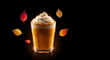 Delicious pumpkin spice latte with whipped cream and autumn leaves on a black background perfect for fall themed designs and seasonal promotions