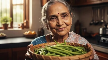 Elderly woman joyfully presents fresh green beans in rustic kitchen setting